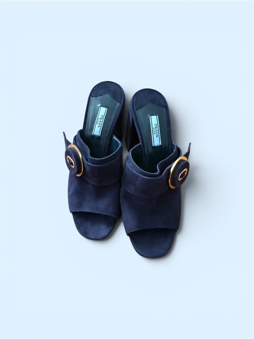 Prada Navy Suede Open-Toe Mules with Gold Buckle